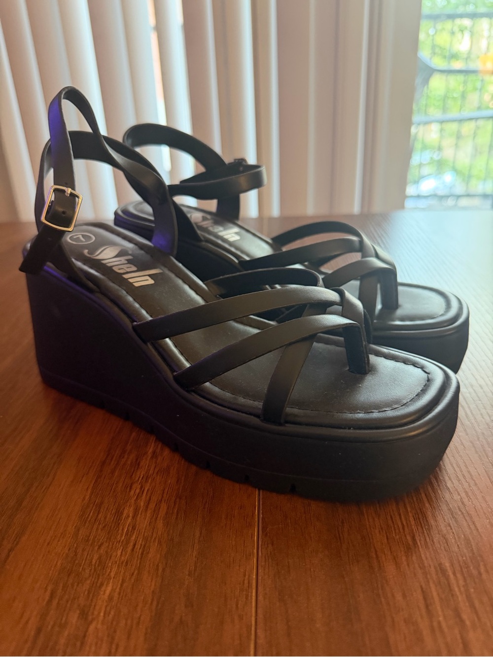 SHEIN Black Multi-Strap Platform Wedge Sandals
